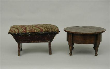 Appraisal: Diminutive Wooden Table together with a Diminutive Wooden Needlepoint Stool