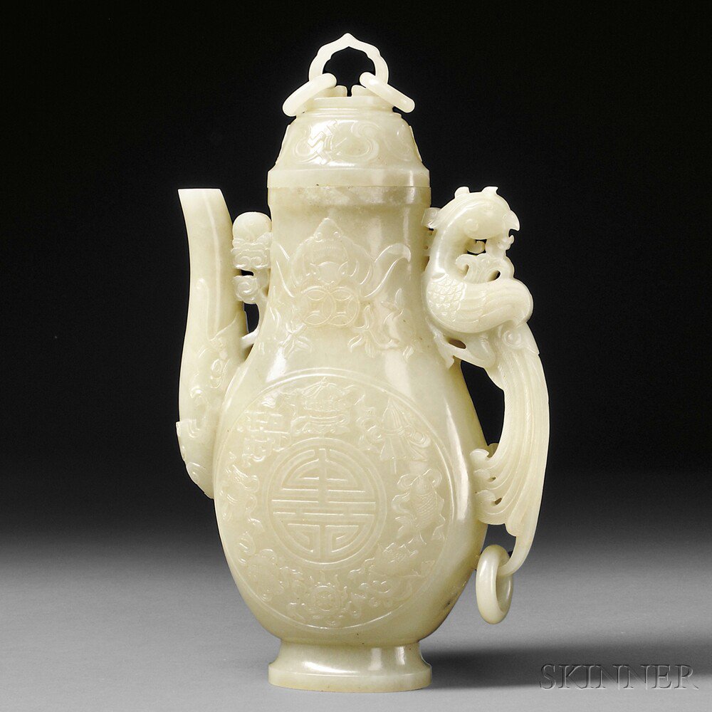 Appraisal: Jade Covered Ewer China elongated pear-shape with flattened sides with