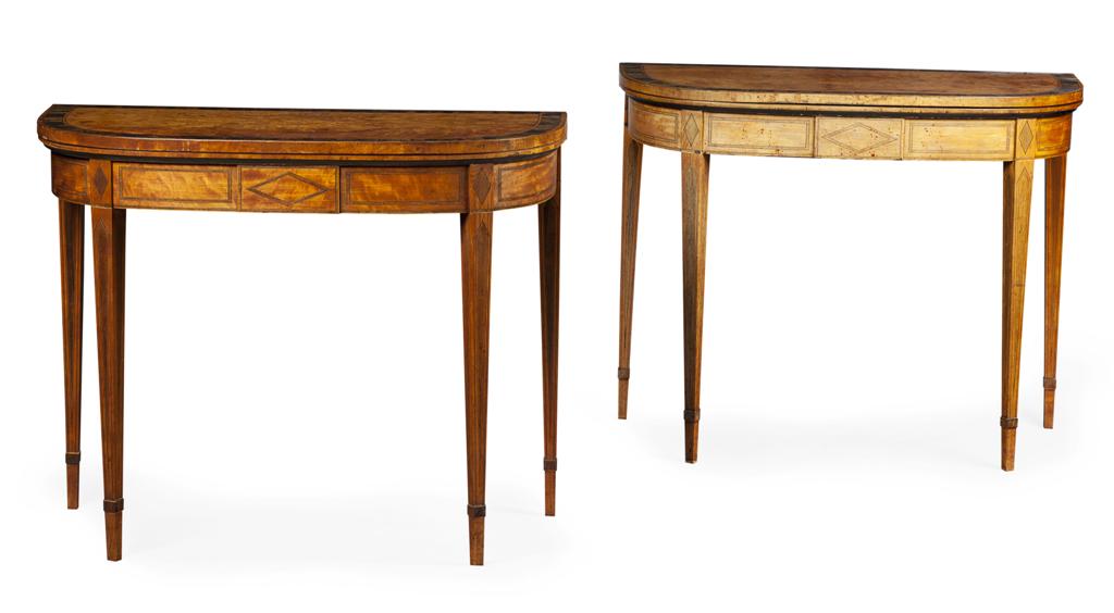 Appraisal: PAIR OF GEORGE III SATINWOOD AND CALAMANDER FOLDOVER CARD TABLES