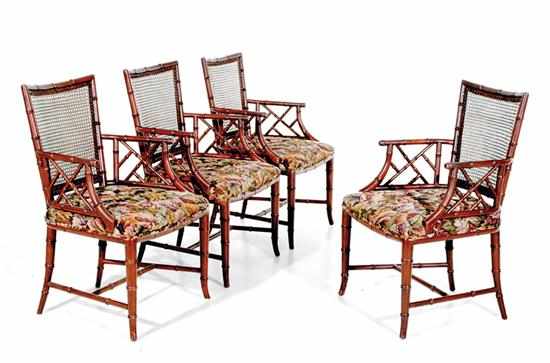 Appraisal: Caned faux-bamboo armchair set possibly Baker each fitted with cushion