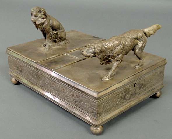 Appraisal: Silverplate humidor by Meriden Company decorated with bird dogs and