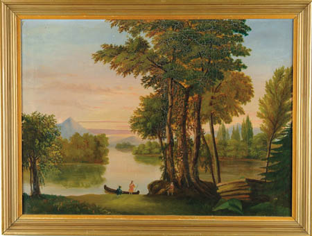 Appraisal: UNSIGNED American th Century LANDSCAPE WITH INDIANS AND CANOE Primitive