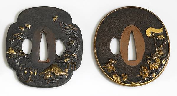 Appraisal: Two metal tsuba with mixed metal accents th Century The