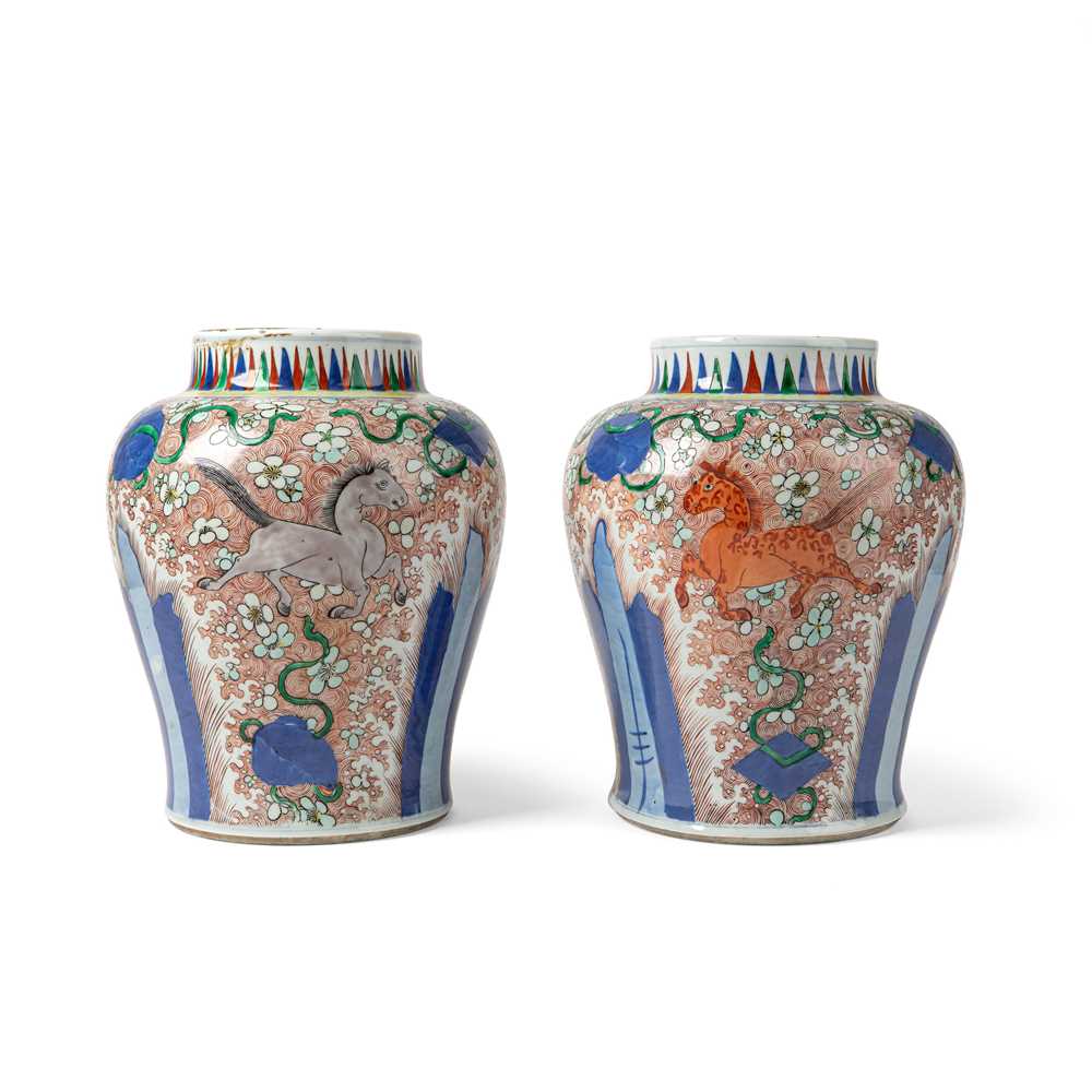 Appraisal: PAIR OF WUCAI 'HORSES' JARS LATE QING TO REPUBLIC PERIOD