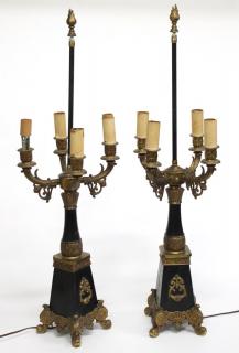 Appraisal: Pair of Ornate Gilt Painted Metal Lamps Candelabra-form incorporating Renaissance