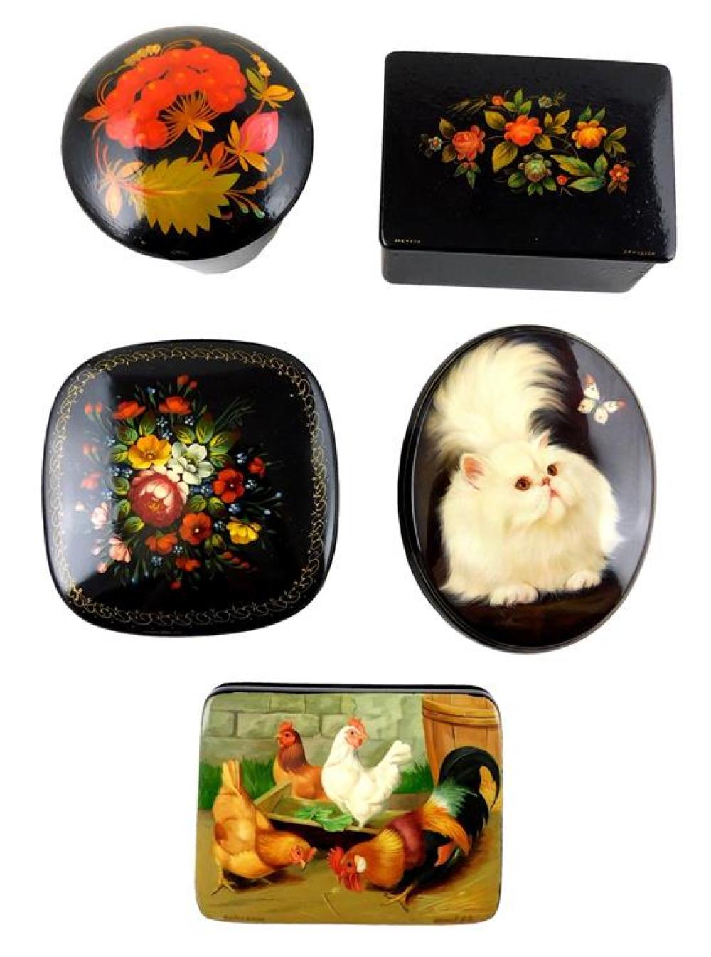 Appraisal: Russian hand-painted lacquer boxes group of five depicts chickens Persian