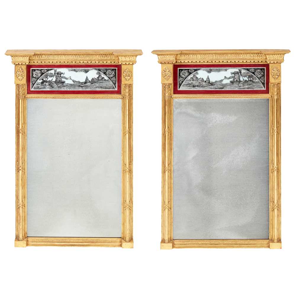 Appraisal: PAIR OF REGENCY STYLE GILTWOOD AND EGLOMISE PIER MIRRORS MODERN