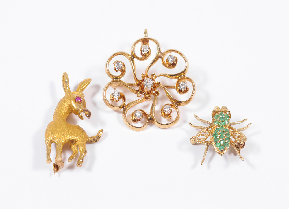 Appraisal: PIECE K GOLD WHIMSEY AND DIAMOND PINS An diamond scrolled