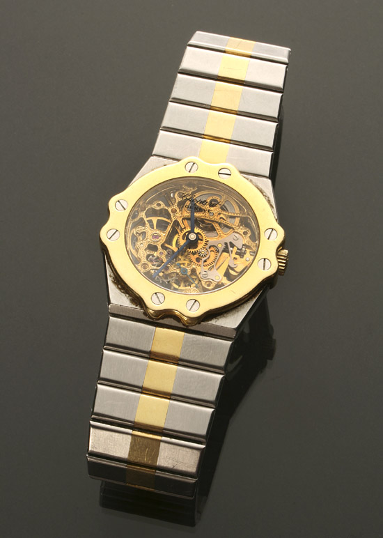 Appraisal: Gentleman's Tested -Karat Yellow-Gold and Stainless Steel Manual-Wind Skeleton Wristwatch