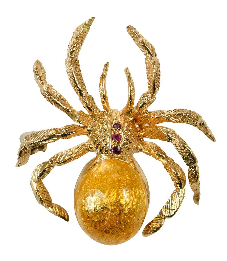 Appraisal: kt Brooch spider design three round red stones yellow enamel