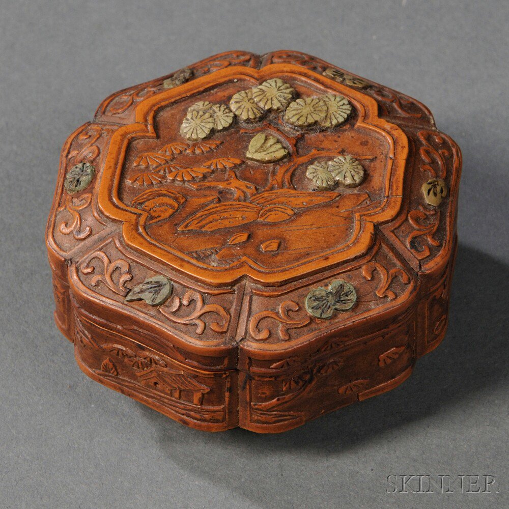 Appraisal: Carved Bamboo Box China the irregular hexagonal lobed form carved