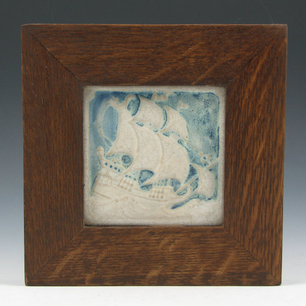 Appraisal: Marblehead Pottery ship tile mounted in an oak frame Marked