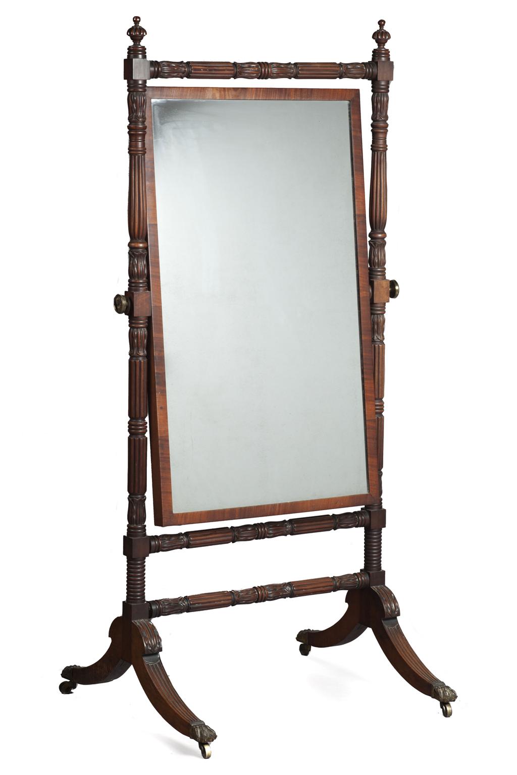 Appraisal: REGENCY MAHOGANY CHEVAL MIRROR CIRCA the rectangular mirror plate in