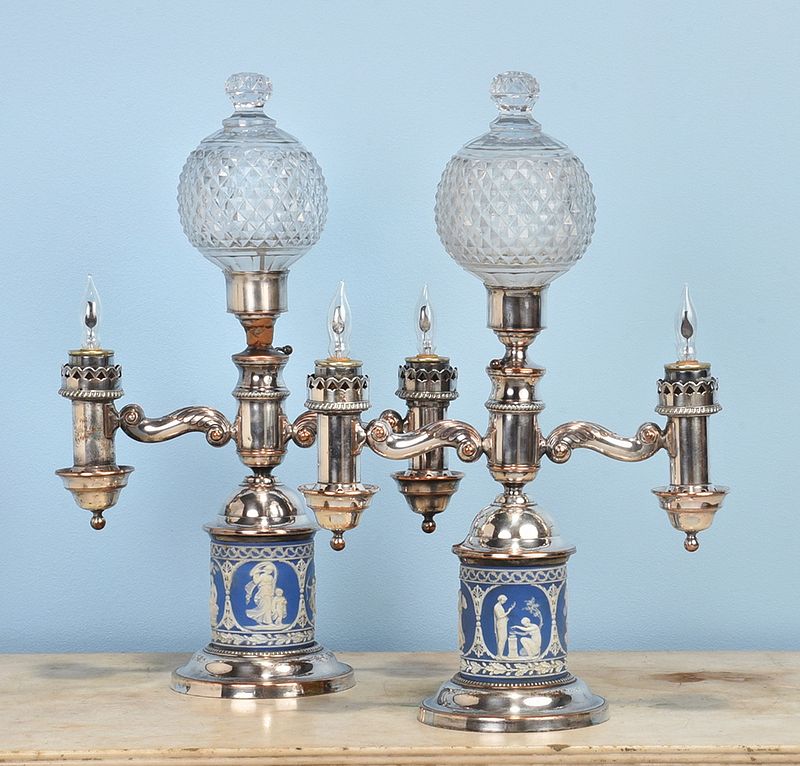 Appraisal: Pair Wedgwood and Silver Plated Argand Lamps British early th