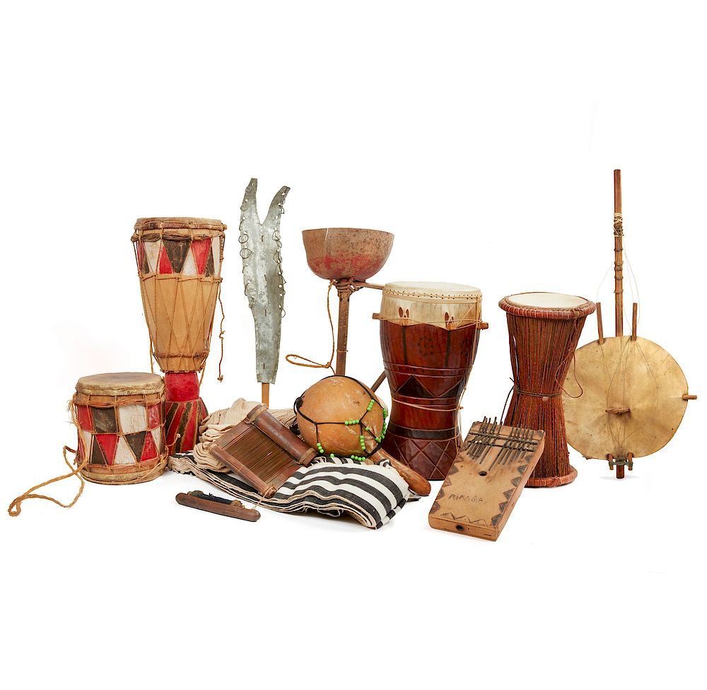 Appraisal: Two African Instruments Three African Drums a Rattle Sanza a