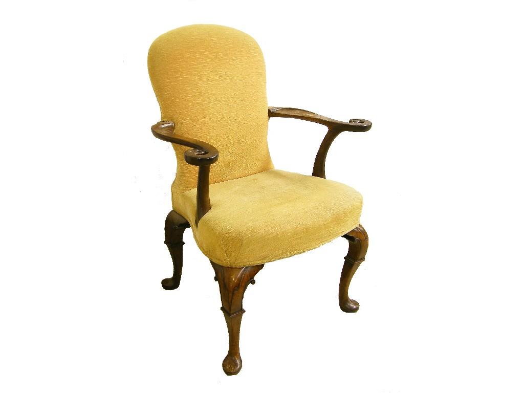 Appraisal: Good Georgian style walnut armchair with golden Draylon upholstered back