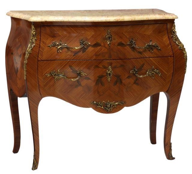 Appraisal: French Louis XV style marble-top mahogany bombe commode th c