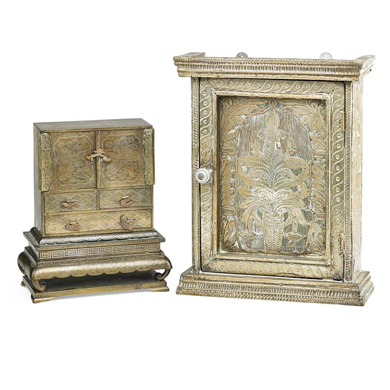 Appraisal: SOUTHEAST ASIAN METAL BOXES Three One altar box with relief