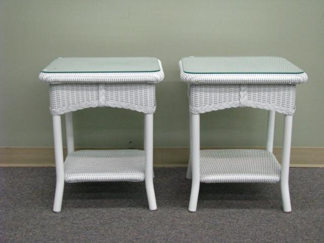 Appraisal: Lloyd Flanders White Wicker Pair End Tables with glass tops