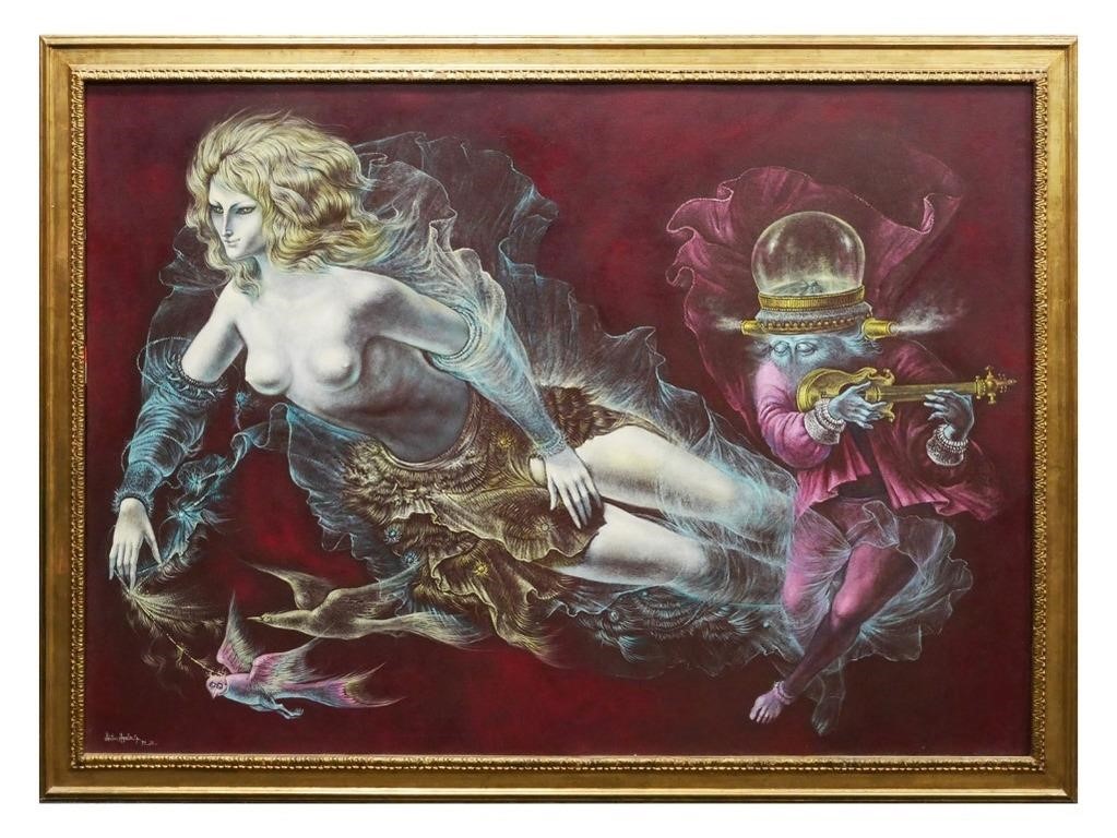 Appraisal: Monumental Surrealist painting dated of a nude and a figure