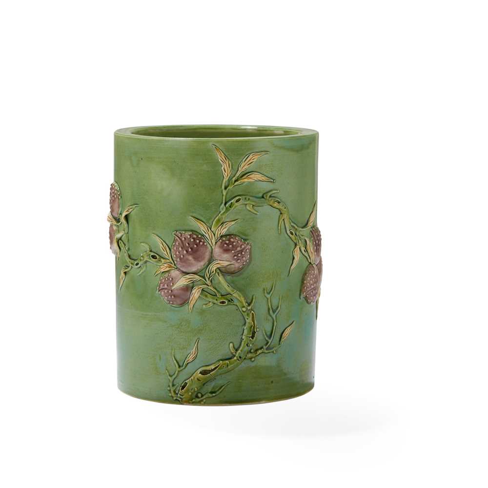 Appraisal: GREEN-GROUND 'PEACH' BISCUIT BRUSH POT REPUBLIC PERIOD of cylindrical form