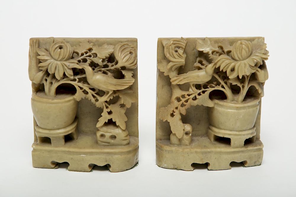 Appraisal: Chinese Carved Soapstone Bookends Pair Pair of Chinese carved soapstone