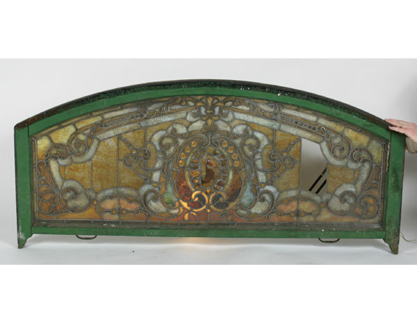 Appraisal: Antique Art Nouveau arched stained and leaded glass window composed