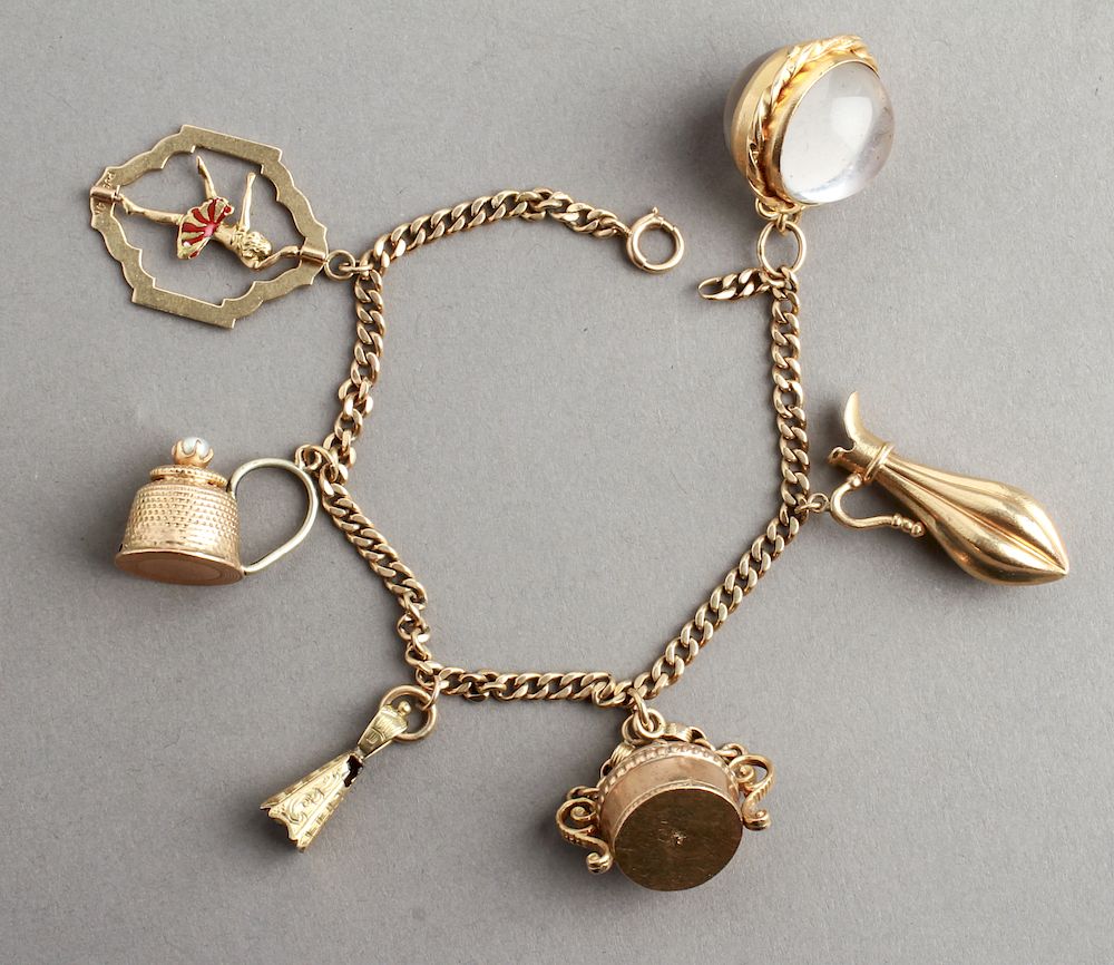 Appraisal: K Yellow Gold Six Charms Charm Bracelet K yellow gold