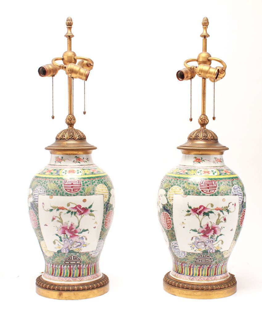 Appraisal: Chinese Famille Verte Porcelain Table Lamps Pair Pair of Chinese