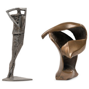 Appraisal: Two Modernist Metal Sculptures th Century the figural example signed