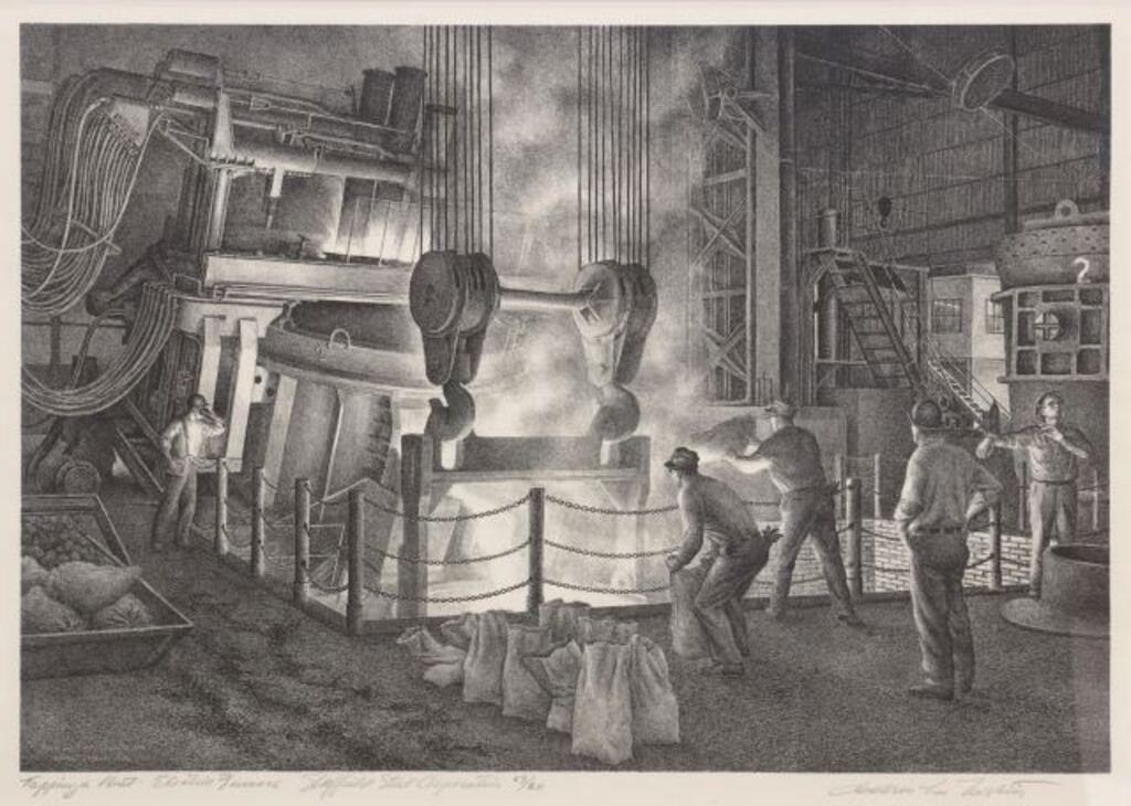 Appraisal: Framed lithograph on paper Tapping a Heat-Electric Furnace Sheffield Steel