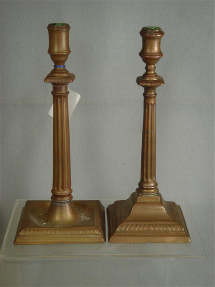 Appraisal: Pr column form brass candlesticks square bases seamed construction h