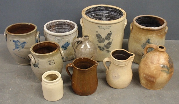 Appraisal: - Nine pieces of stoneware largest nine-gallon crock h x