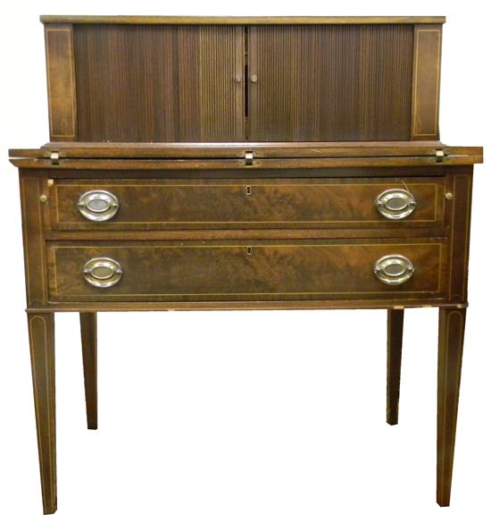 Appraisal: Desk Hepplewhite reproduction with tambour secretary over flip lid two