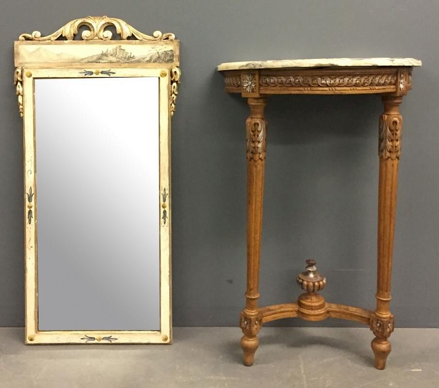 Appraisal: French Carved Demilune Table with Mirror French carved demilune marble-top