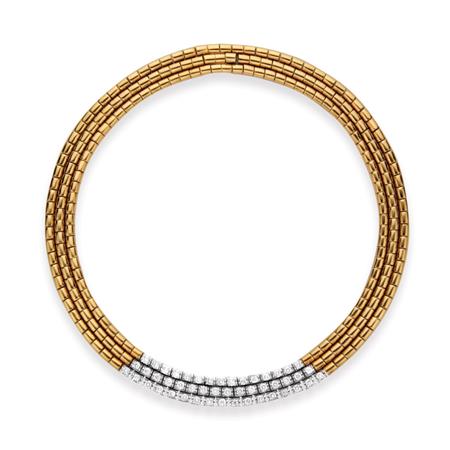 Appraisal: Triple Strand Two-Color Gold and Diamond Necklace Estimate -