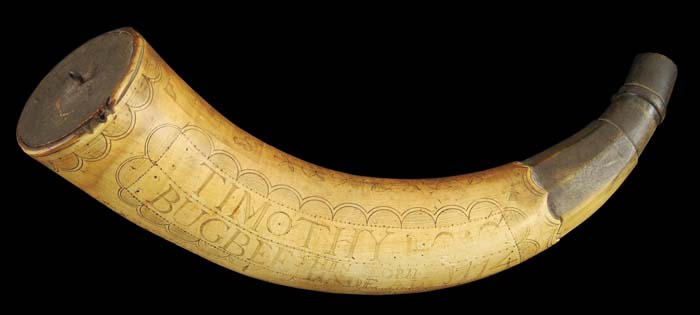 Appraisal: SUPERB SCRIMSHAW REVOLUTIONARY WAR POWDER HORN OF TIMOTHY BUGBEE DATED