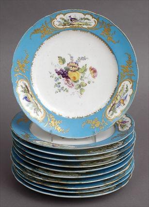 Appraisal: ELEVEN SEVRES PORCELAIN PLATES Underglaze blue interlaced L's enclosing various