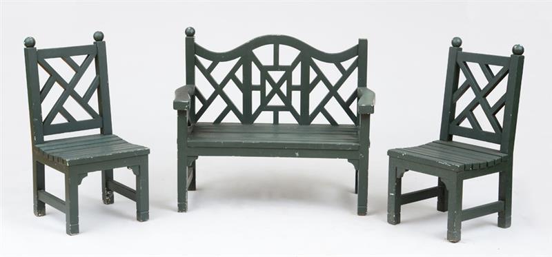 Appraisal: SUITE OF GREEN-PAINTED CHILD'S GARDEN FURNITURE Comprising a pair of