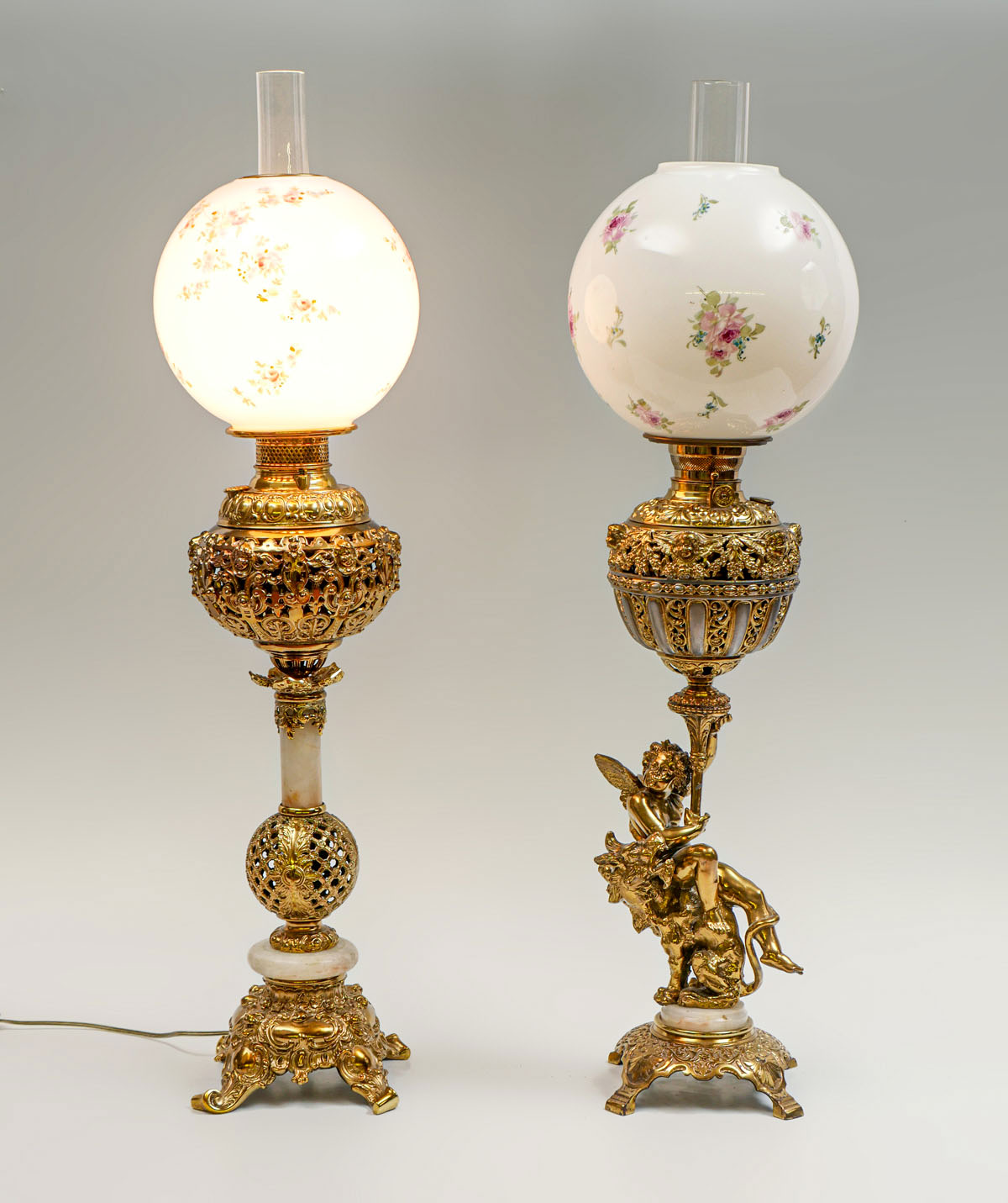 Appraisal: PR OF ELECTRIFIED BRASS AND MARBLE OIL LAMPS Each with