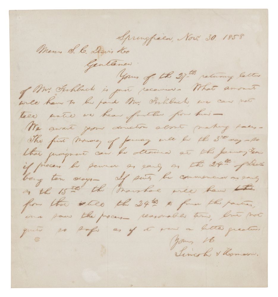 Appraisal: LINCOLN Abraham - Autograph letter signed Lincoln Herndon To Messrs