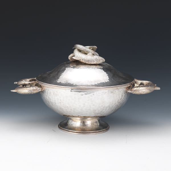 Appraisal: FRANCO LAPINI SILVERPLATE TUREEN x Silverplate tureen handle and finial