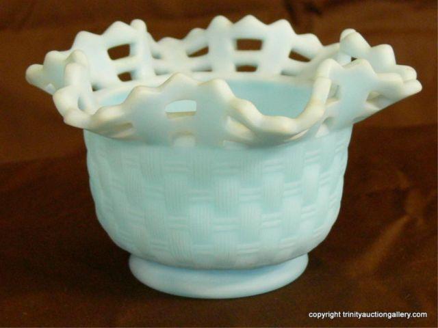 Appraisal: Fenton Blue Satin Glass Basket Weave Bowl - Open lace