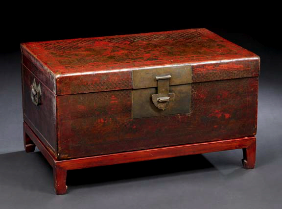 Appraisal: Chinese Lacquered Trunk-on-Stand th century of low rectangular form with