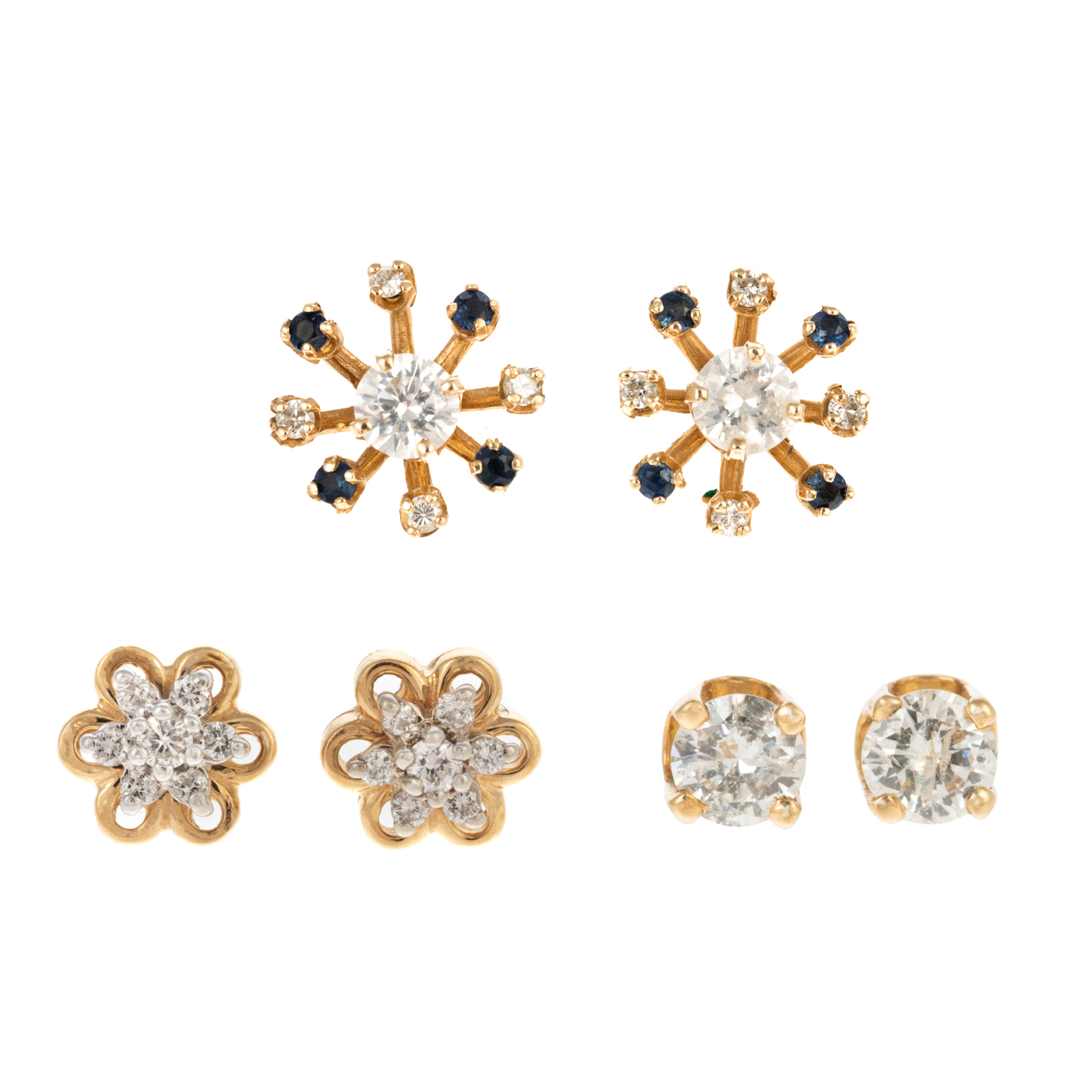 Appraisal: THREE PAIRS OF K DIAMOND STUD EARRINGS JACKETS K yellow