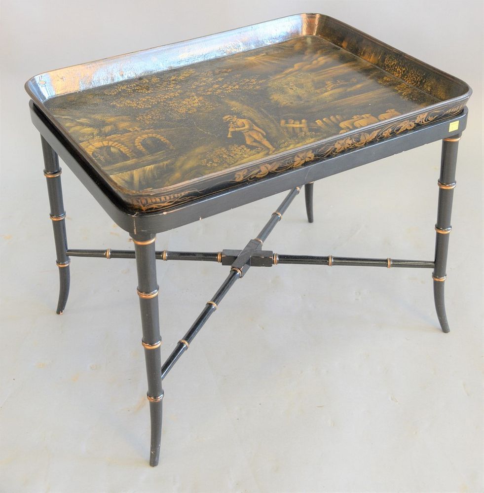 Appraisal: Papier-mache tea tray on faux bamboo stand marked Illidge sold