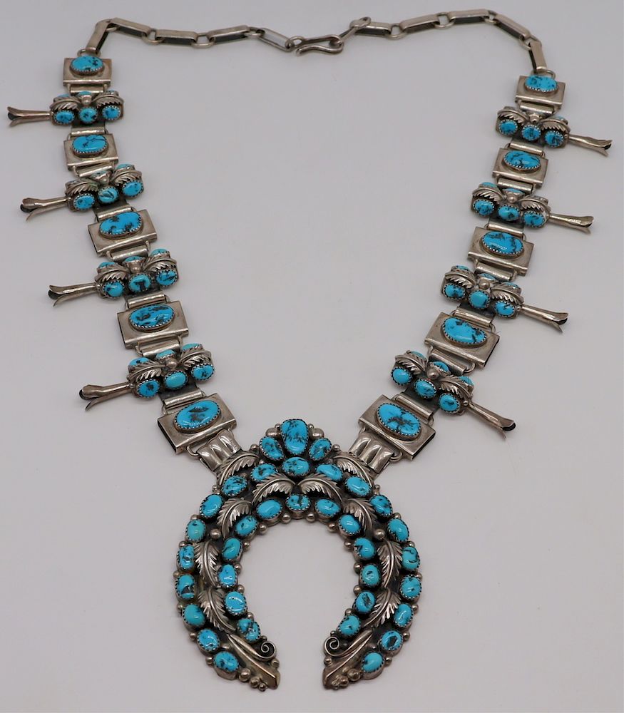 Appraisal: JEWELRY Jeanette Dale Sterling and Turquoise Squash Blossom Necklace By