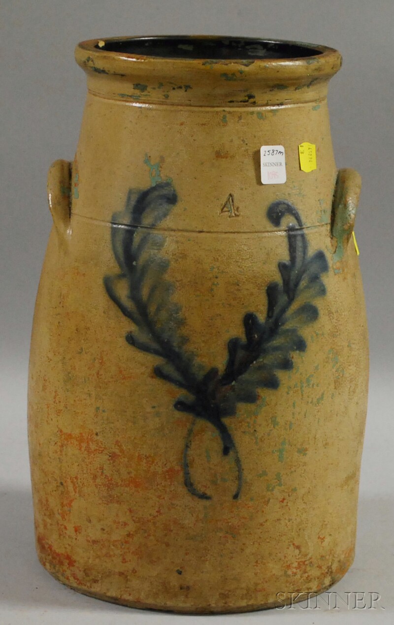 Appraisal: Cobalt Crossed Palm Fronds-decorated Four-gallon Stoneware Churn