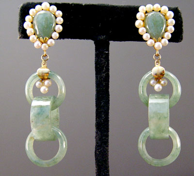 Appraisal: ESTATE FOUND NEPHRITE JADE AND PEARL DROP EARRINGS Tear shape