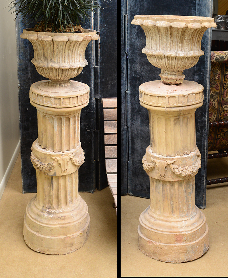 Appraisal: Pair of Composition Garden Urns on Fluted Pedestals Each with